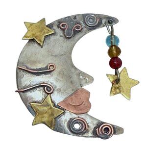 Half Moon Brooch Silver Tone Metal Whimsical Pin Artisan Star Dangle Mixed